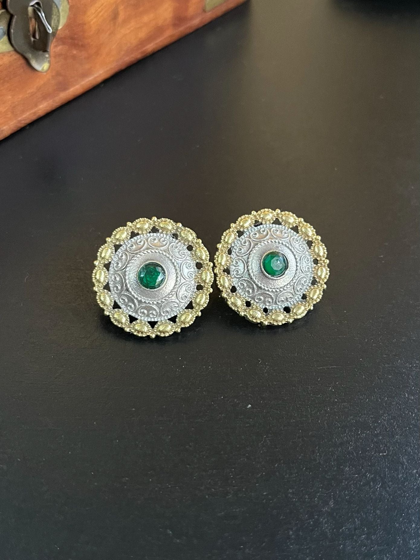 Buy Aarna Dual Tone Antique Look Green Stud Earrings online in India. Shop oxidized jewellery for festivals and office and daily wearing in affordable range.-second 