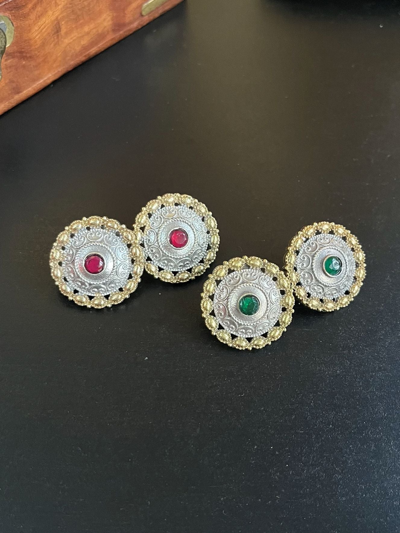 Buy Aarna Dual Tone Antique Look Green Stud Earrings online in India. Shop oxidized jewellery for festivals and office and daily wearing in affordable range. -first