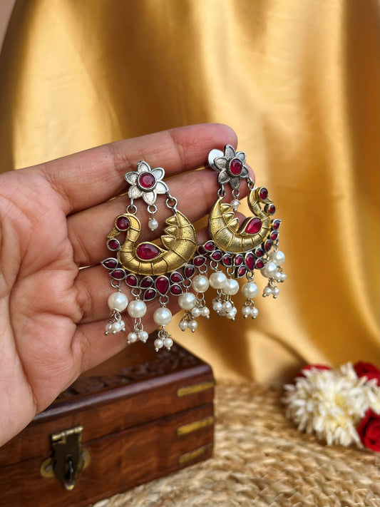 Buy Urvashi Peacock Design Dual Tone Earrings In Red online in India. Shop oxidized jewellery for festivals and office and daily wearing in affordable range.