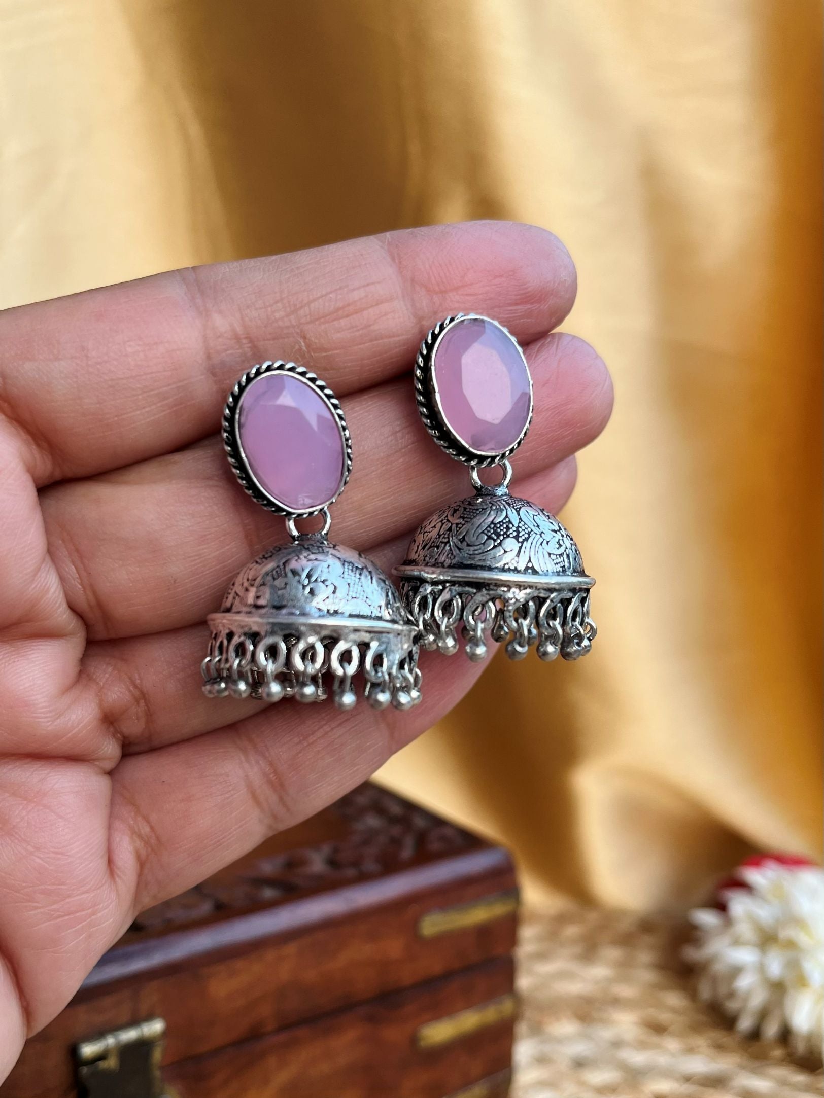 Buy Vedika Oxidised Silver Look Jhumka Earrings In Pink online in India. Shop oxidized jewellery for festivals and office and daily wearing in affordable range.