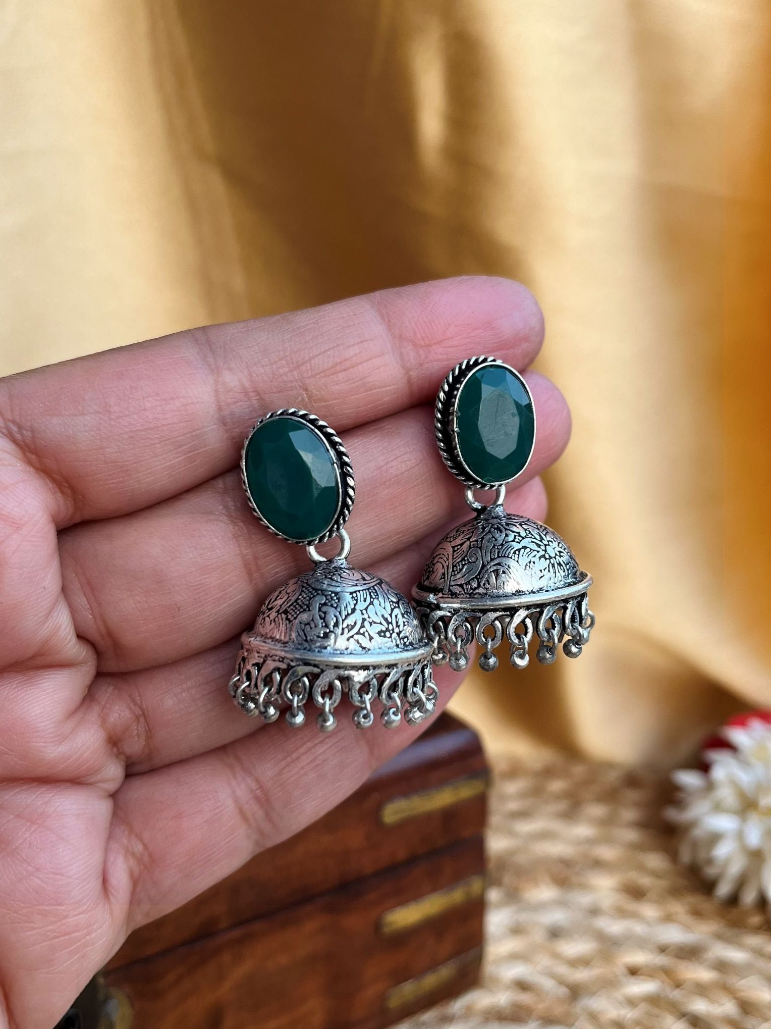 Buy Vedika Oxidised Silver Look Jhumka Earrings In Green online in India. Shop oxidized jewellery for festivals and office and daily wearing in affordable range.