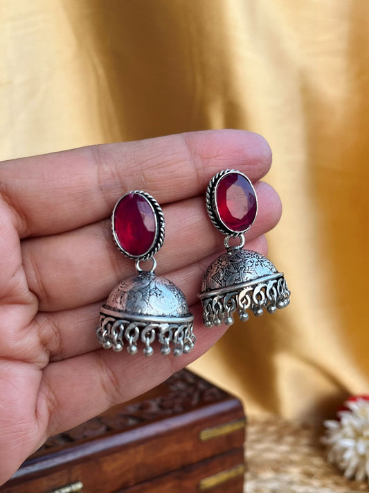 Buy Vedika Oxidised Silver Look Jhumka Earrings In Red online in India. Shop oxidized jewellery for festivals and office and daily wearing in affordable range.