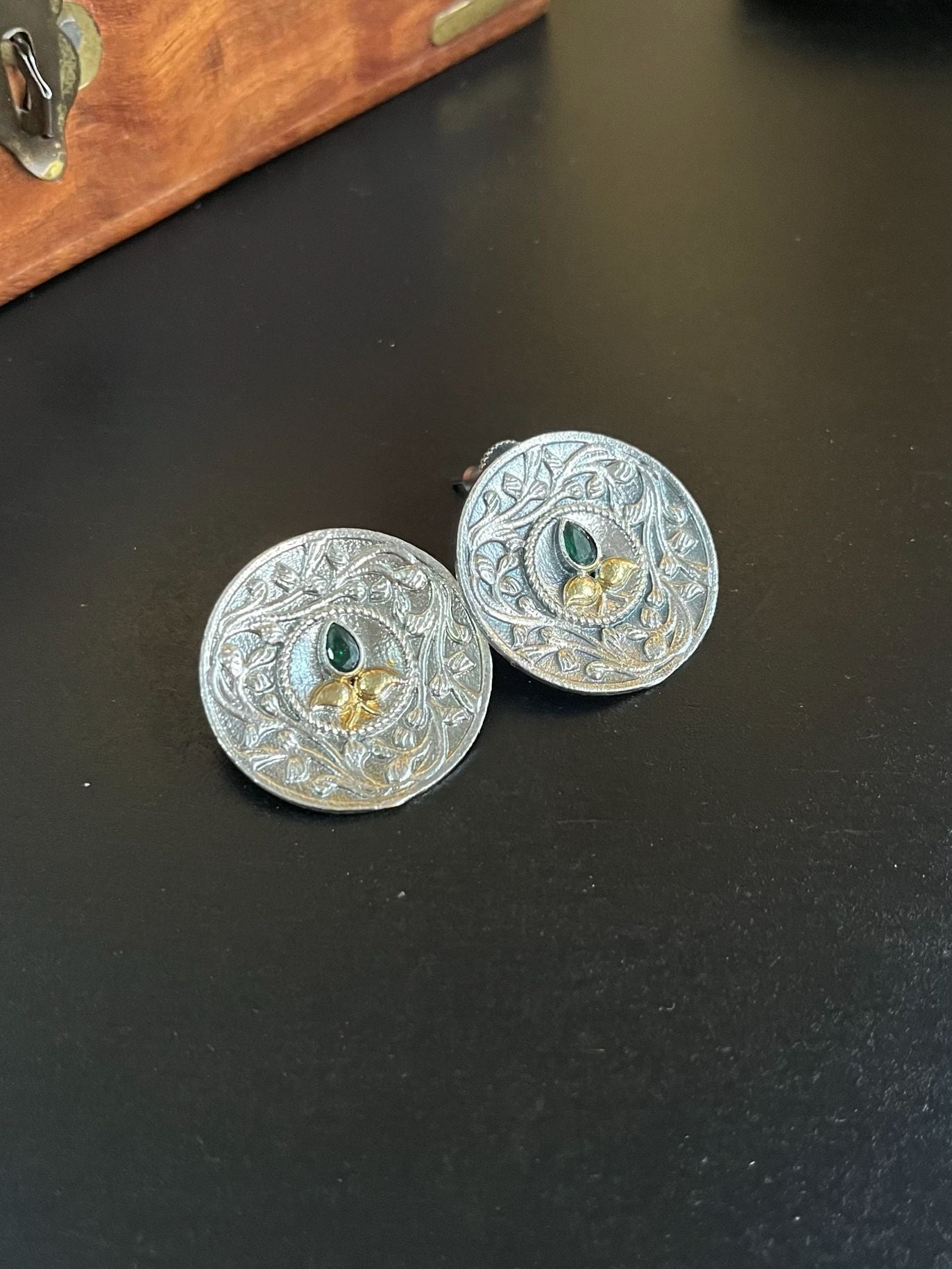 Buy Steel Mist Dual Tone Antique Look Green Stud Earrings online in India. Shop oxidized jewellery for festivals and office and daily wearing in affordable range.