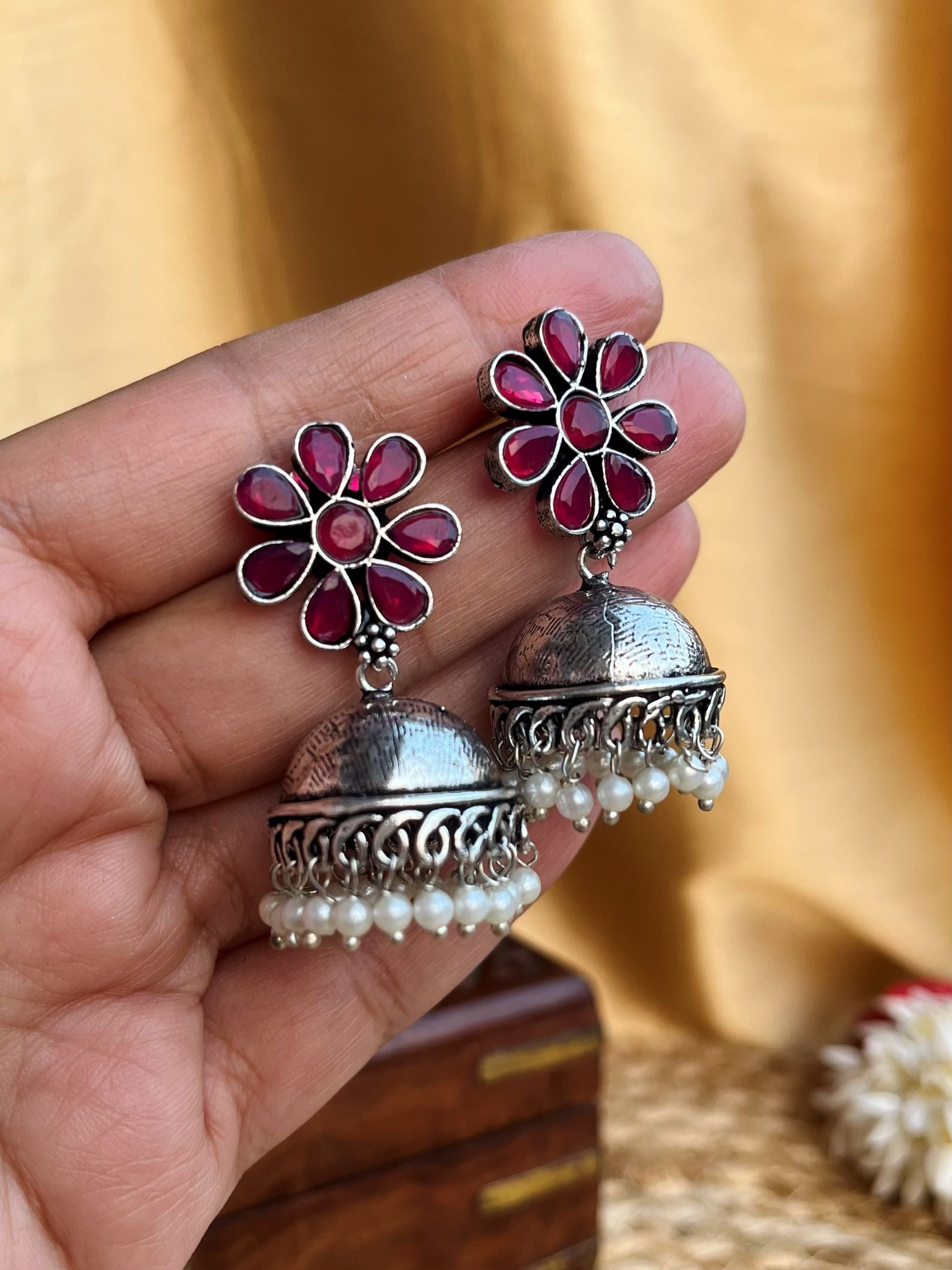 Buy Ruhaani Oxidised Jhumka Earrings In Red online in India. Shop oxidized jewellery for festivals and office and daily wearing in affordable range.