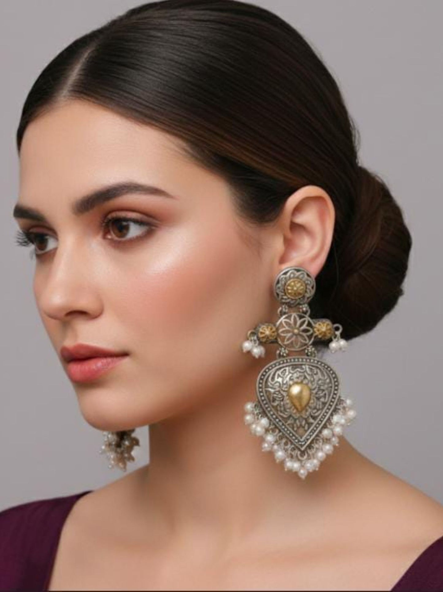 ER25A193 Navya Dual Tone Chandelier Pearl Drops Oxidised Earrings