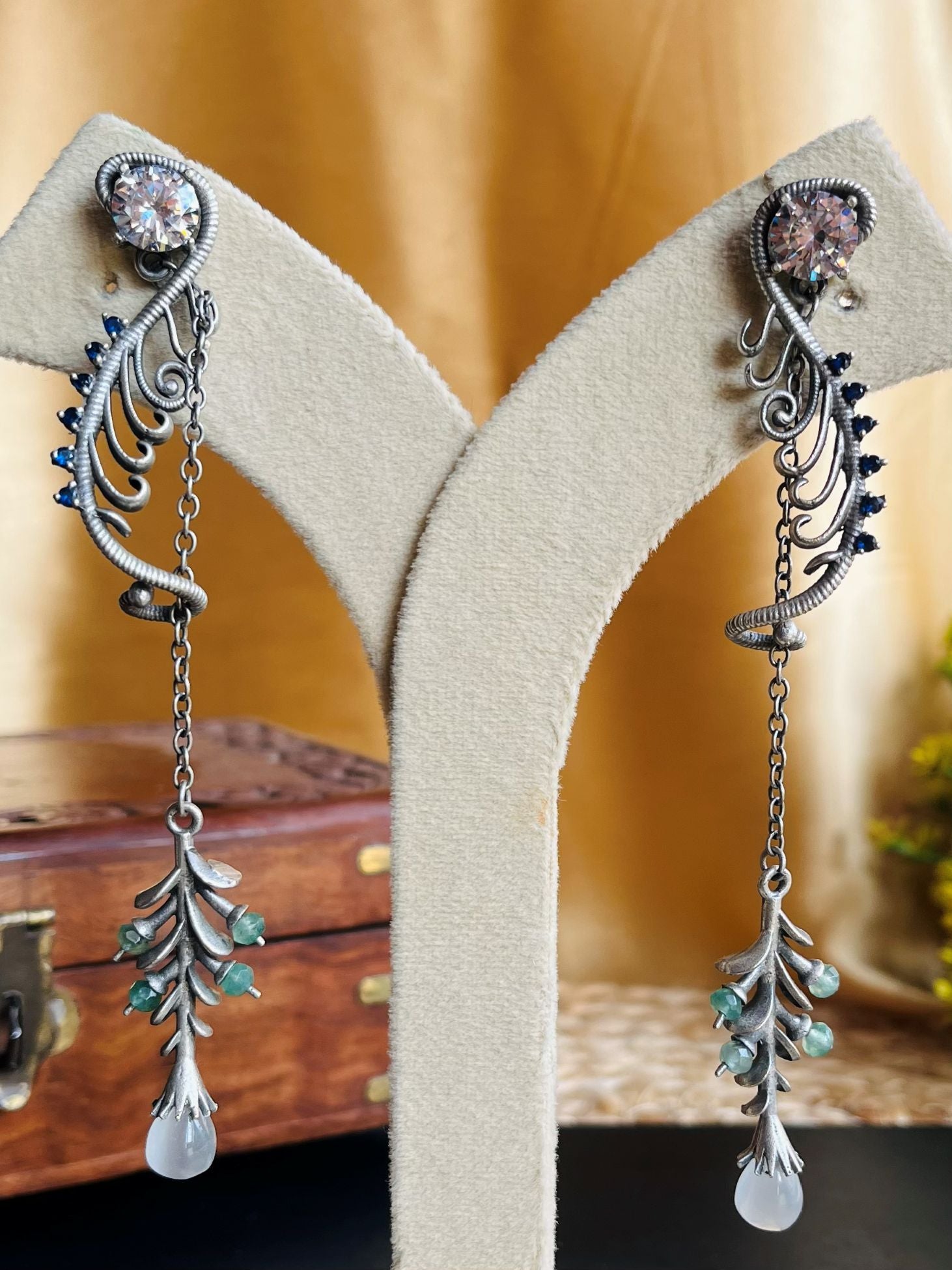 Buy Zehra Oxidised Brass Leaf Dangle Earrings In White Stone online in India. Shop oxidized jewellery for festivals and office and daily wearing in affordable range.-second