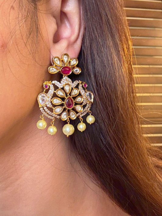 Shop Raagni Kundan Red Heavy Earrings With Pearl Drops online in India. Shop from an exclusive range of CZ jewellery, gold plated, silver, mehendi polish earrings. 