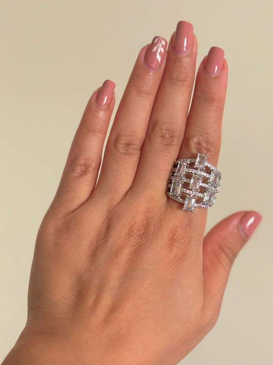 Shop Designer Baguette AD Cocktail Ring online in India. Shop from an exclusive range of zircon jewellery, bridal wedding jewellery, silver plated earrings, rhodium plated rings, AD rings, AD earrings for office parties, cocktail dresses and sangeet night. -front
