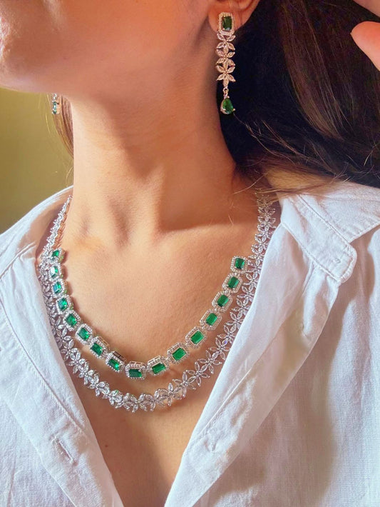Shop Diamond Look bridal AD Necklace in India. Explore elegant bridal AD jewellery online. Shop premium bridal jewellery sets in Zircon, AD, Kundan, Victorian Diamond. Collection best suited for Indian weddings, parties and special occasions. Choose AD Necklace In Green stone for sarees, lehengas and coats. -Front