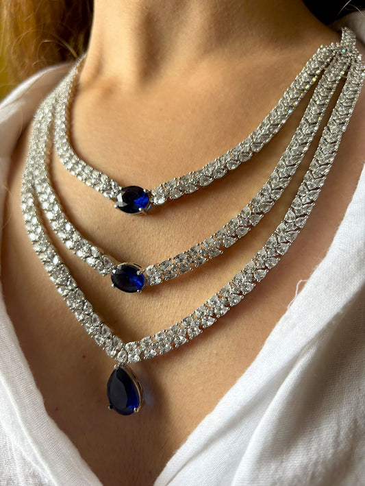 Shop Premium Three Layer AD Set In Sapphire Stone online in India. Explore elegant bridal AD jewellery online. Shop premium bridal jewellery sets in Zircon, AD, Kundan, Victorian Diamond. Collection best suited for Indian weddings, parties and special occasions. Choose AD Necklace in blue stone for sarees, lehengas and gowns. -first