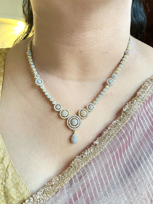 Shop Festive Light Party Set In Gold & Rhodium Plating online in India. Explore elegant bridal AD jewellery online. Shop premium bridal jewellery sets in Zircon, AD, Kundan, Victorian Diamond. Collection best suited for Indian weddings, parties and special occasions. Buy light wear sets for sarees, lehengas and gowns. -front