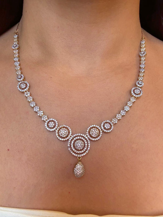 Shop Festive Light Party Set In Gold & Rhodium Plating online in India. Explore bridal AD jewellery online. Premium bridal jewellery sets in Zircon, AD, Kundan, Victorian Diamond. -Front