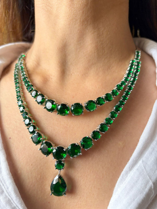 Shop Double Layer Doublet Stone Set In Green online in India. Explore elegant bridal AD jewellery online. Shop premium bridal jewellery sets in Zircon, AD, Kundan, Victorian Diamond. Collection best suited for Indian weddings, parties and special occasions. Choose AD Necklace in green stone for sarees, lehengas and gowns. -front