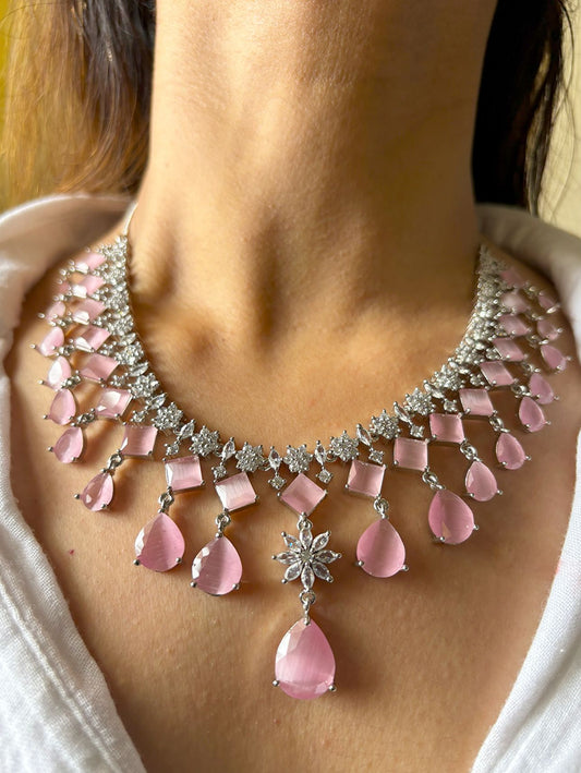Shop Doublet Pink Stone Wedding Necklace In AD online in India. Explore elegant bridal AD jewellery online. Shop premium bridal jewellery sets in Zircon, AD, Kundan, Victorian Diamond. Collection best suited for Indian weddings, parties and special occasions. Choose AD Necklace in pink stone for sarees, lehengas and gowns. -front