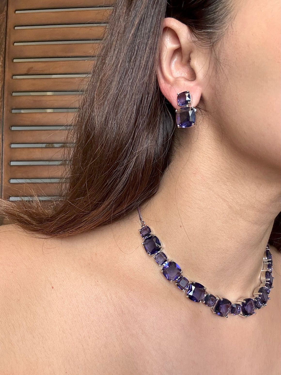 Buy Purple Doublet Stone String With Earrings online in India. Explore premium doublet stones jewellery online in AD. Shop AD jewellery in blue stone online. -side