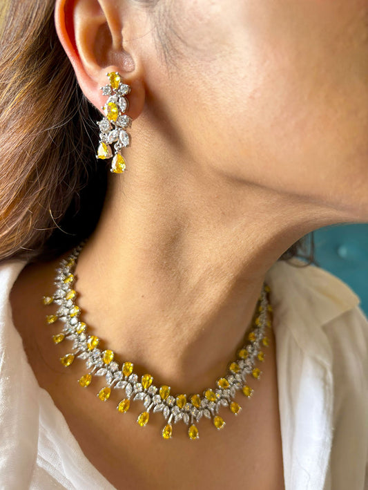 Shop Premium CZ Stones Heavy Sets In Yellow Stones online in India. Explore elegant bridal AD jewellery online. Shop premium bridal jewellery sets in Zircon, AD, Kundan, Victorian Diamond. Collection best suited for Indian weddings, parties and special occasions. Choose AD Necklace In red stone for sarees, lehengas and gowns. -first