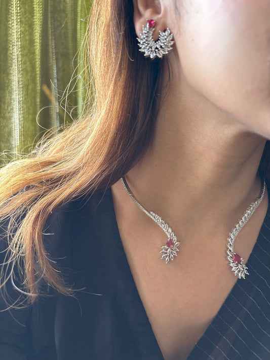 Shop For Hasli Set With Floral Design in AD & Red Stone Online in India. Perfect for brides seeking elegant AD jewellery online. Explore premium bridal jewellery online in AD, ideal for Indian weddings and special occasions. Shop AD jewellery in green stone online. -side