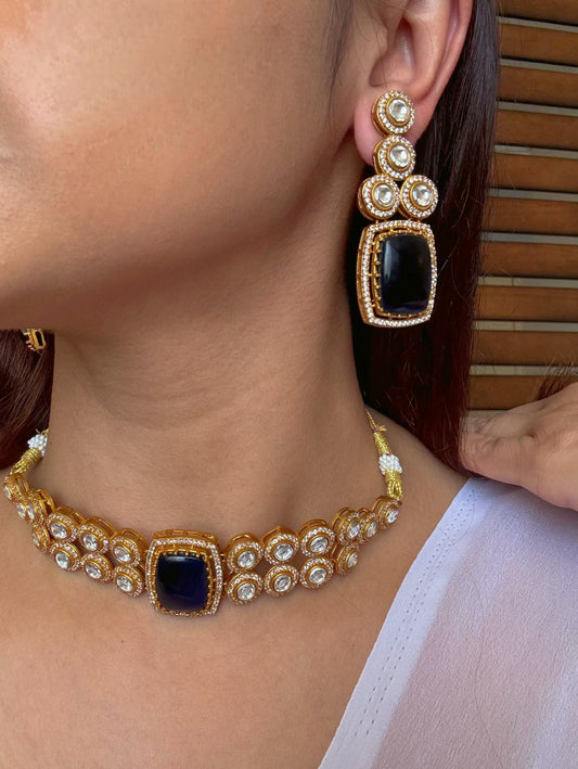 Buy Mankiya Blue Stone Kundan Choker online in India with earrings. Shop an exclusive range of zircon jewellery, Indian wedding jewelry, kundan jewellery, AD earrings, AD necklace. -front