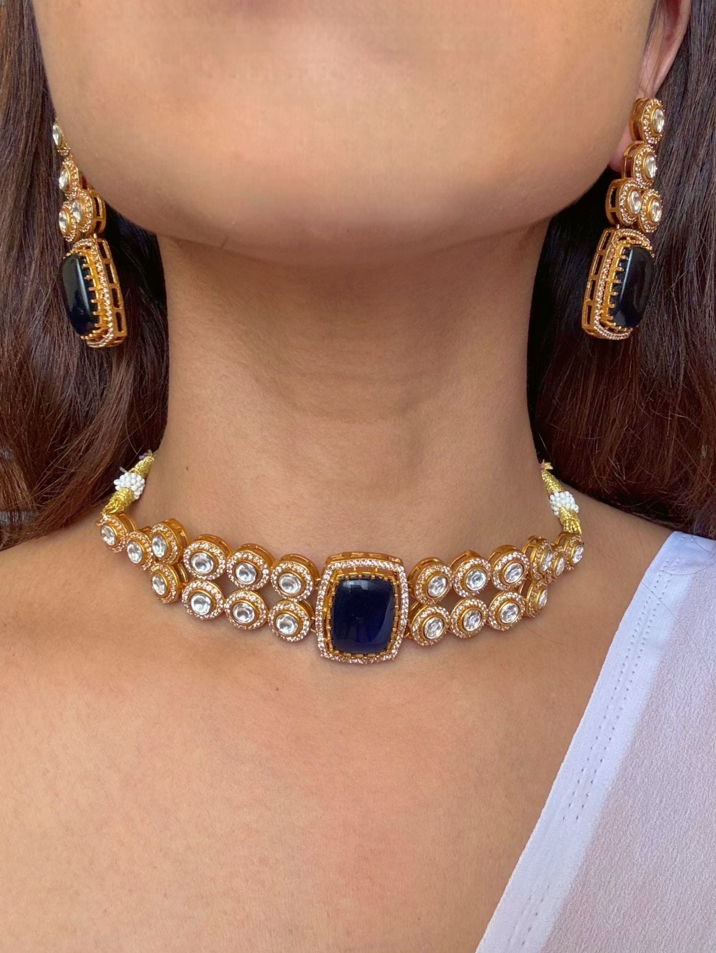 Buy Mankiya Blue Stone Kundan Choker online in India with earrings. Shop an exclusive range of zircon jewellery, Indian wedding jewelry, kundan jewellery, AD earrings, AD necklace. -centre