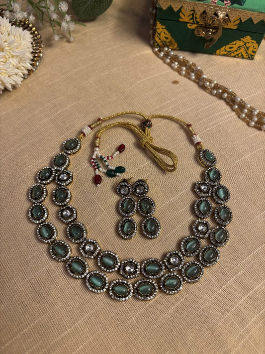 NL25A055 Two Layered Mint Green Stone Necklace In AD