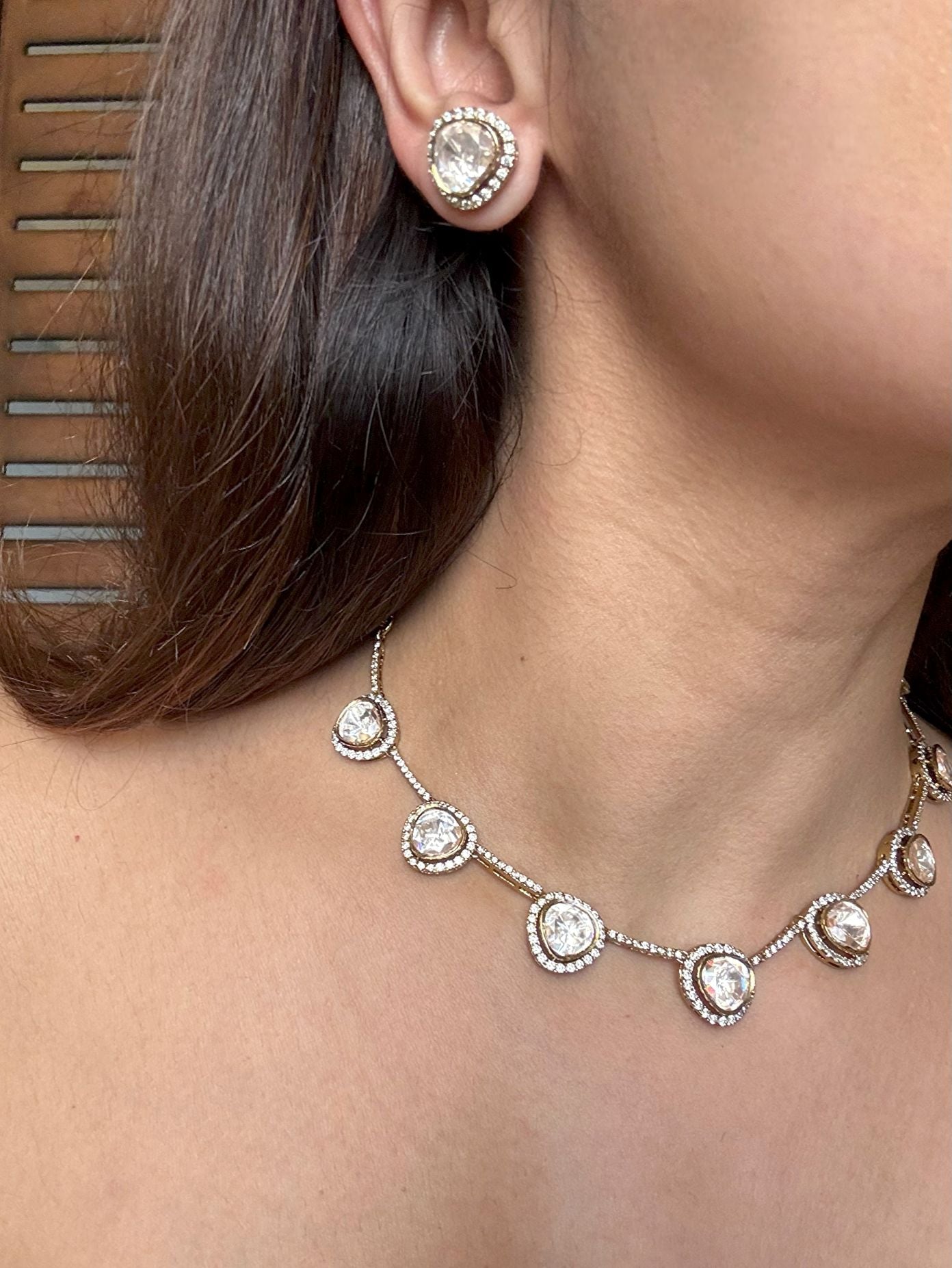 Shop Moissanite Stones Strings In Golden Polish & AD Stones online in India. Explore premium bridal jewellery online in AD. Shop AD jewellery in green stone online. -side