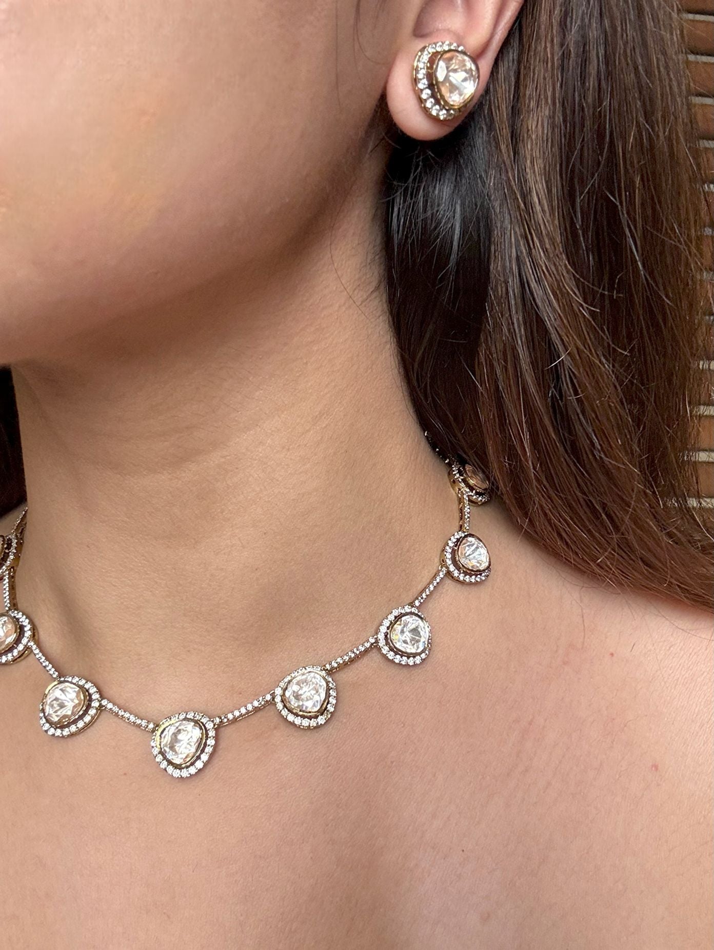 Shop Moissanite Stones Strings In Golden Polish & AD Stones online in India. Explore premium bridal jewellery online in AD. Shop AD jewellery in green stone online. -second