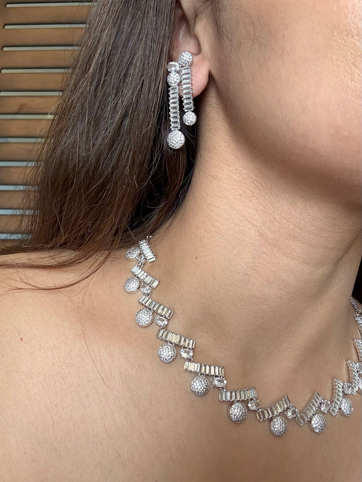 Buy Sparkling Elegance Rhodium Plated AD Set With Earrings online in India. Explore premium bridal jewellery online in AD. Shop AD jewellery in white stone online. -side