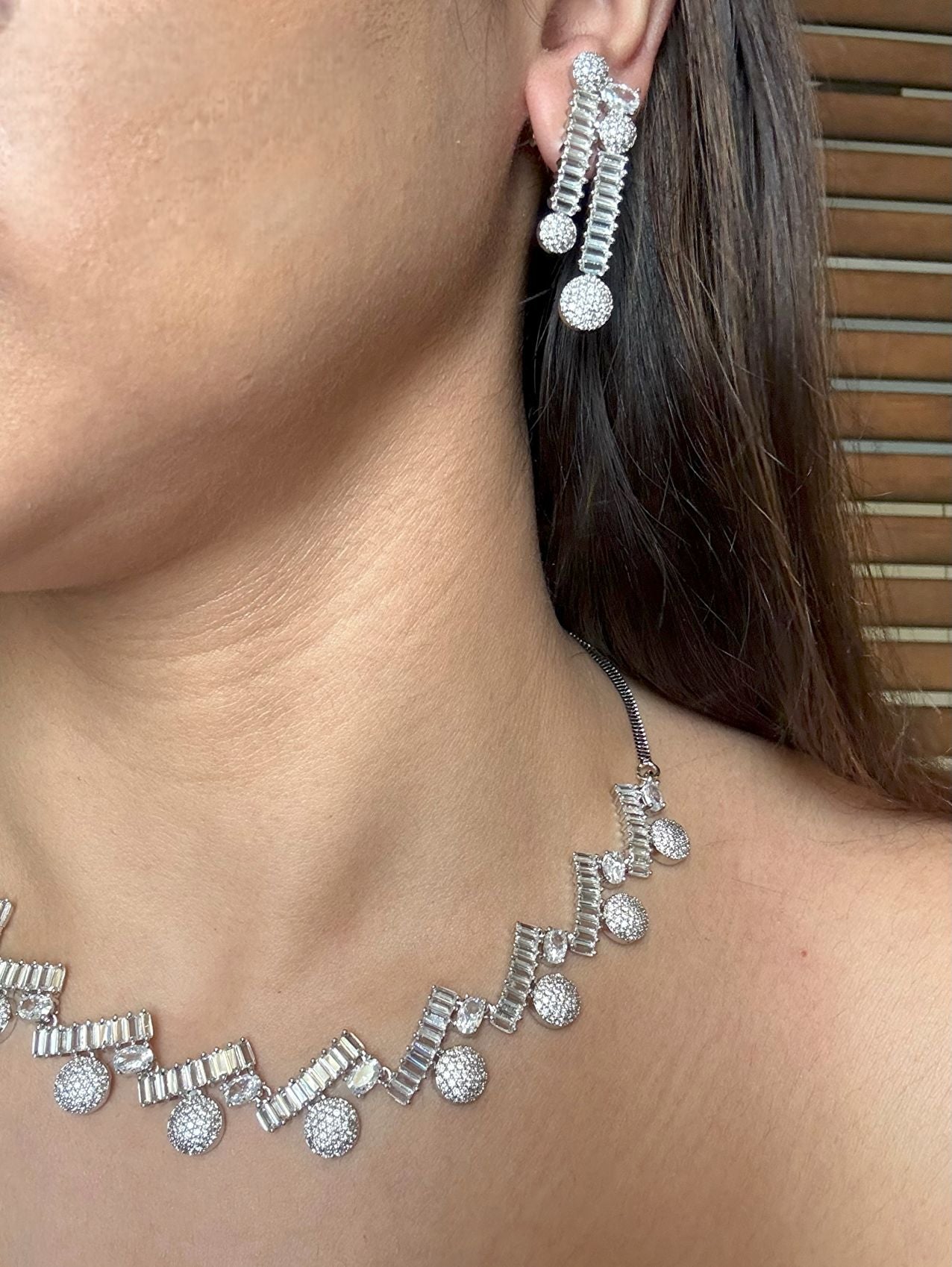 Buy Sparkling Elegance Rhodium Plated AD Set With Earrings online in India. Explore premium bridal jewellery online in AD. Shop AD jewellery in white stone online. front