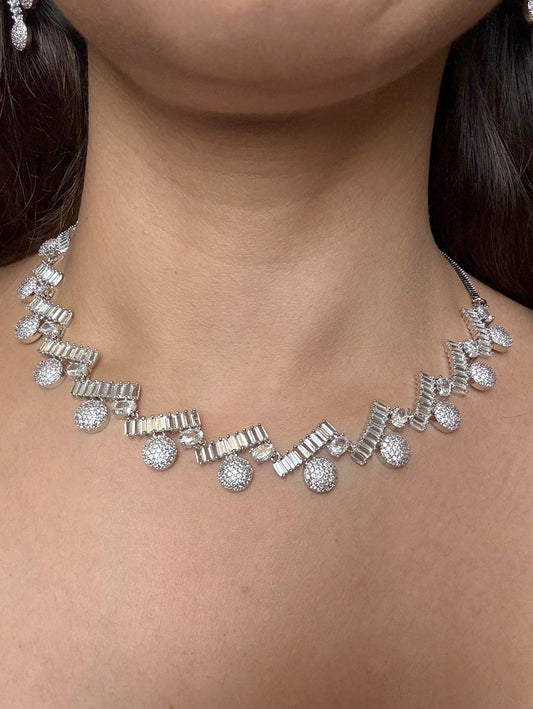 Buy Sparkling Elegance Rhodium Plated AD Set With Earrings online in India. Explore premium bridal jewellery online in AD. Shop AD jewellery in white stone online. first