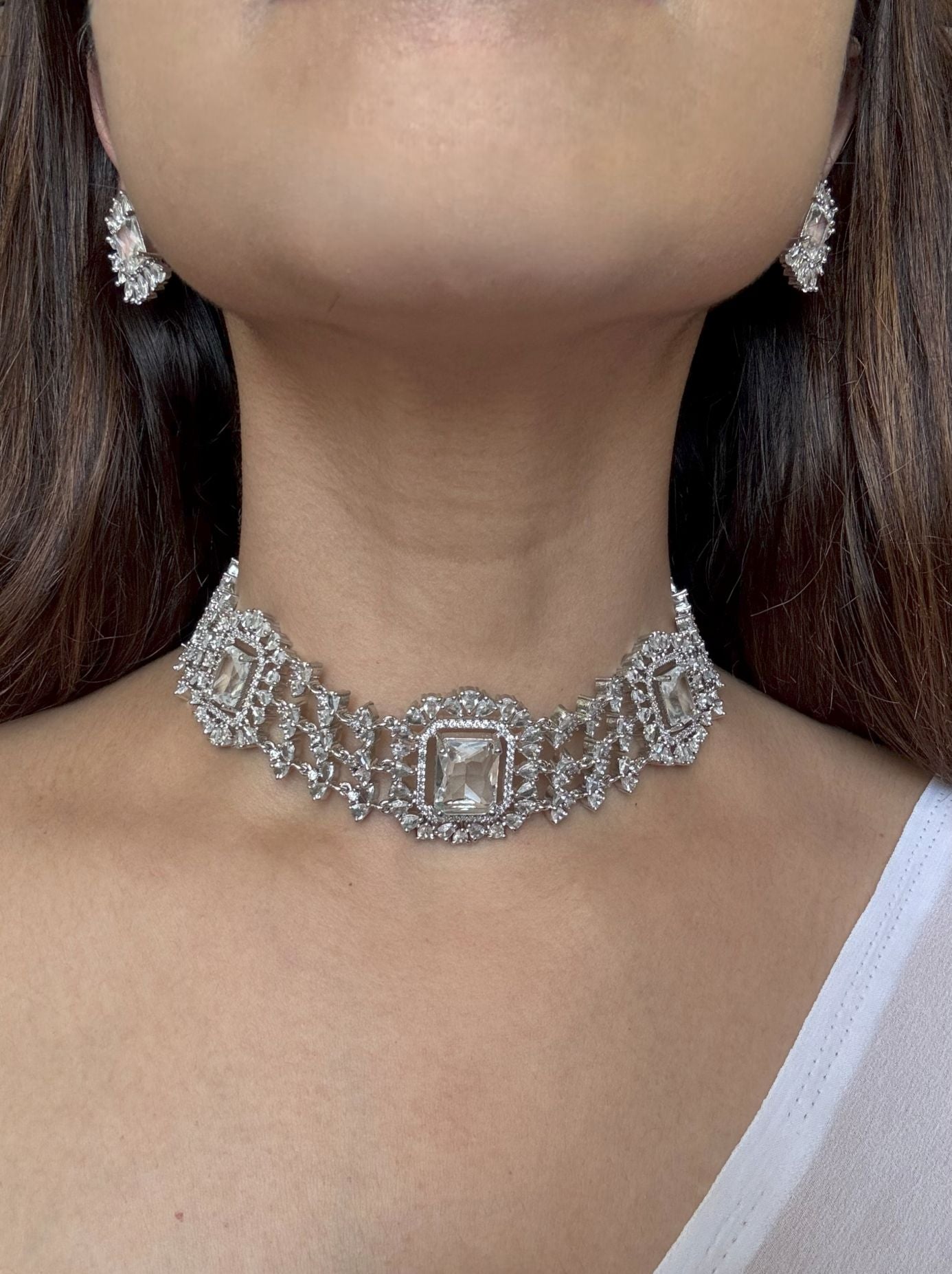 Buy White Doublet Stone Choker In AD With Earrings online in India. Explore premium doublet stones jewellery online in AD. Shop AD jewellery in blue stone online. -front 