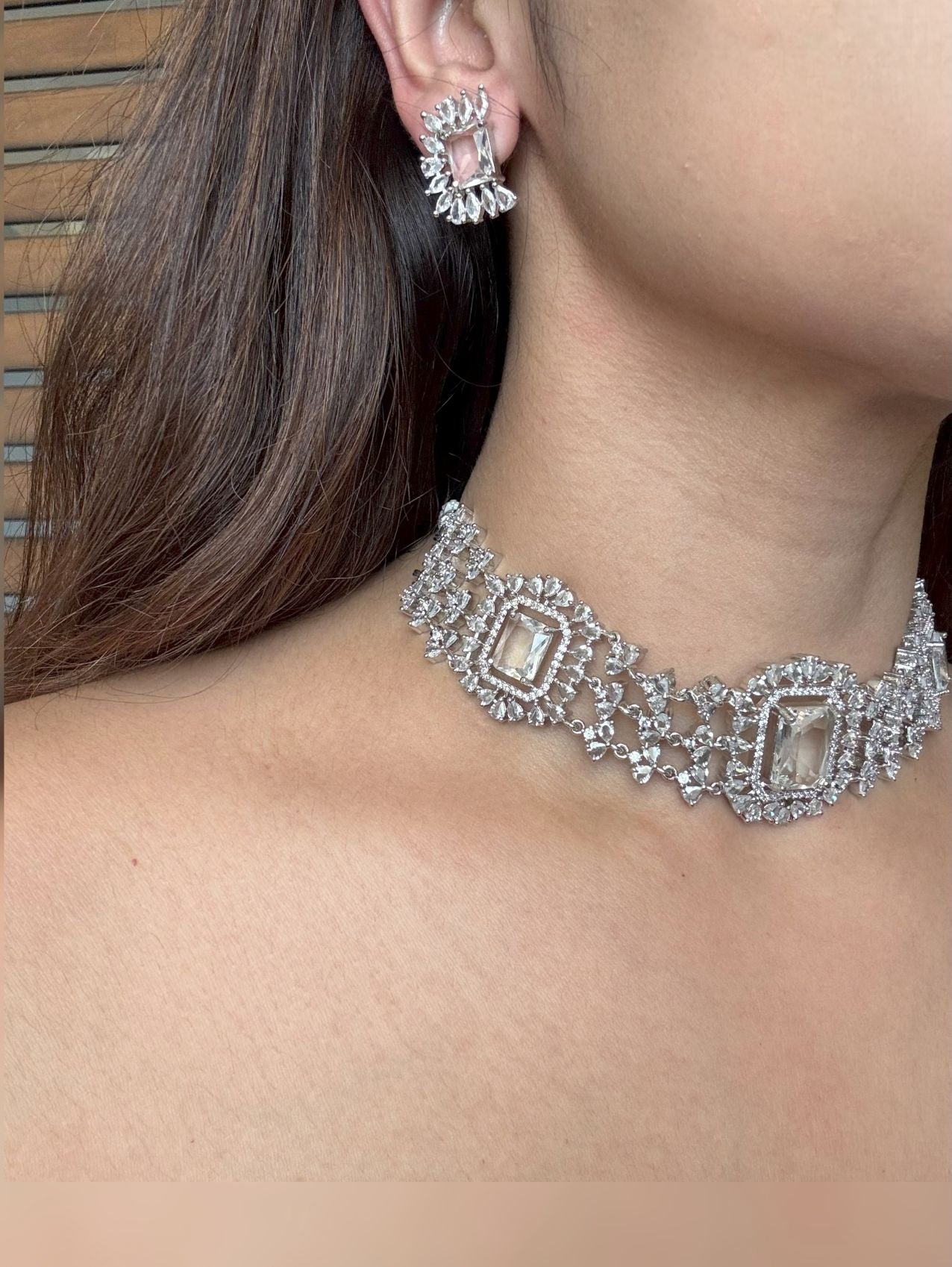 Buy White Doublet Stone Choker In AD With Earrings online in India. Explore premium doublet stones jewellery online in AD. Shop AD jewellery in blue stone online. -side