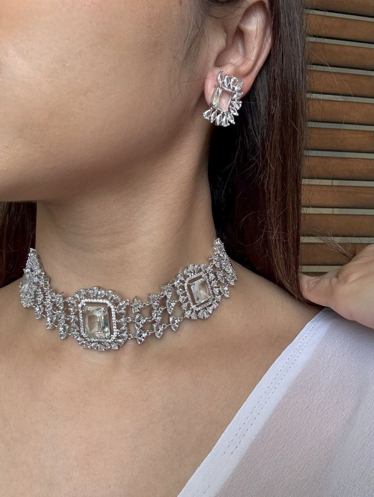 Buy White Doublet Stone Choker In AD With Earrings online in India. Explore premium doublet stones jewellery online in AD. Shop AD jewellery in blue stone online. -second