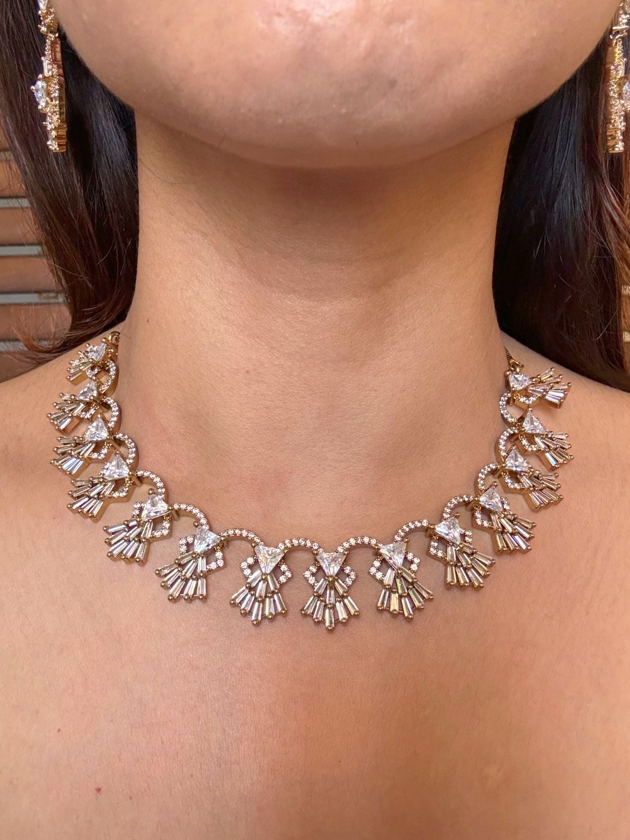 Buy Bhagyashree Baquette AD Necklace In Antique Polish online in India. Shop from an exclusive range of moissanite jewellery, AD necklace, Kundan necklace for weddings. -front