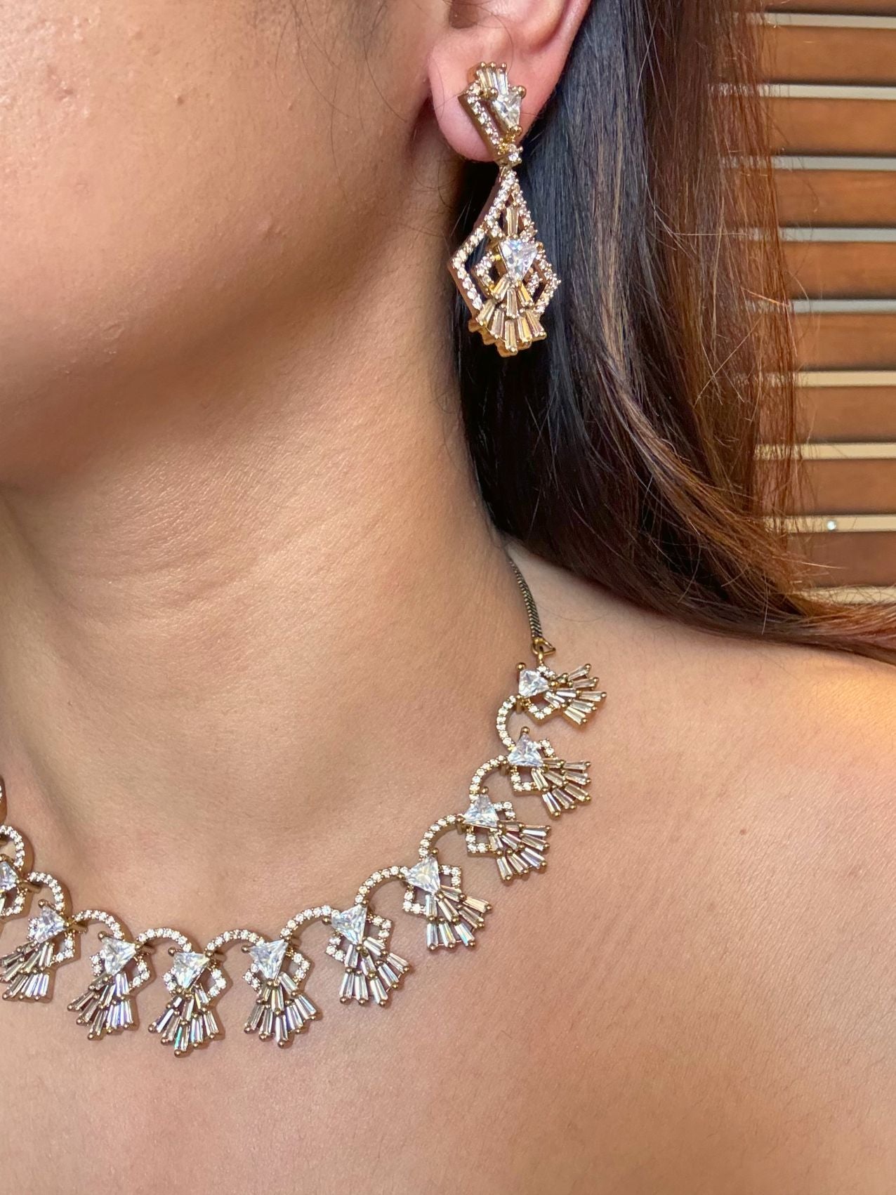 Buy Bhagyashree Baquette AD Necklace In Antique Polish online in India. Shop from an exclusive range of moissanite jewellery, AD necklace, Kundan necklace for weddings. -side
