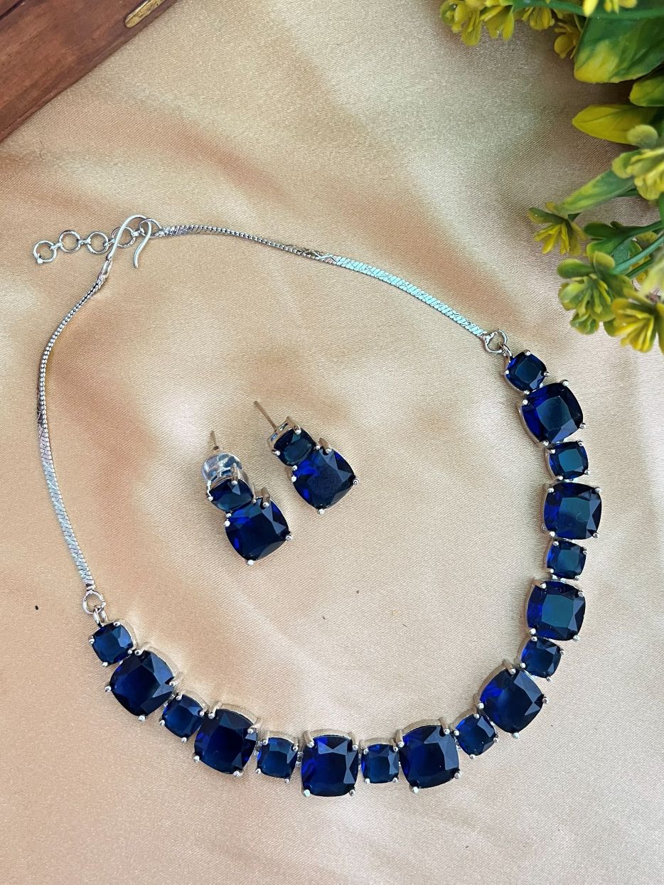 Buy Blue Doublet Stone String With Earrings online in India. Explore premium doublet stones jewellery online in AD. Shop AD jewellery in blue stone online. -front