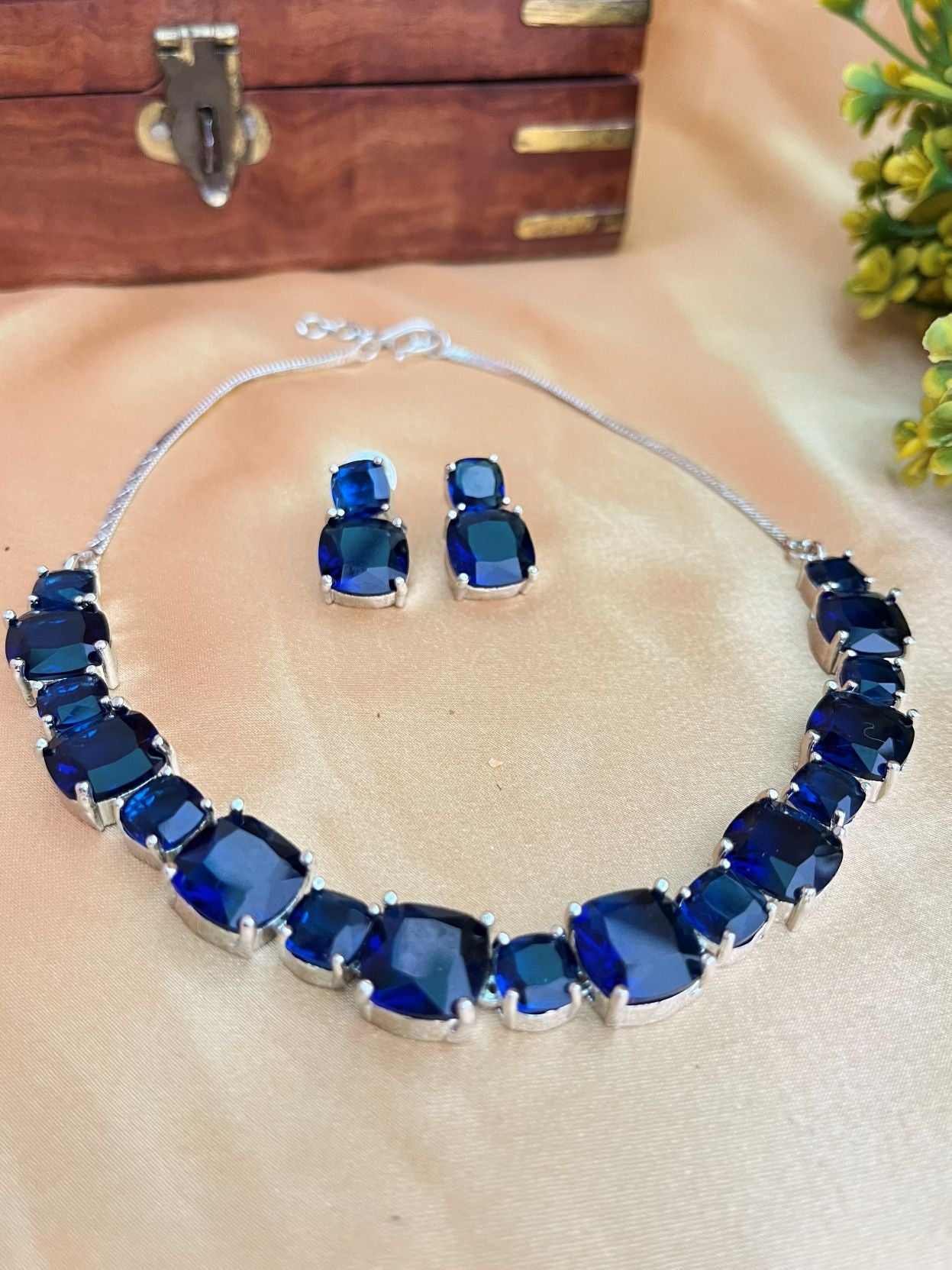 Buy Blue Doublet Stone String With Earrings online in India. Explore premium doublet stones jewellery online in AD. Shop AD jewellery in blue stone online. -first