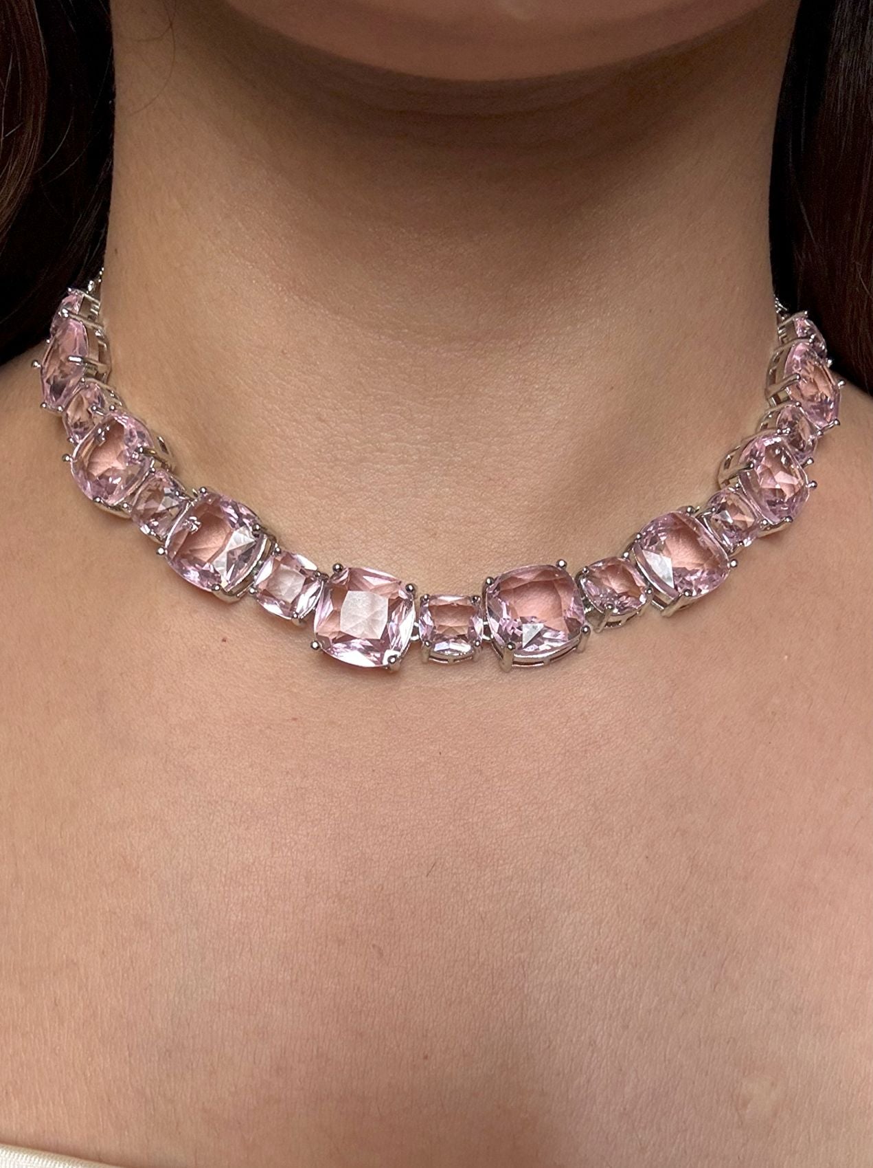 Buy Pink Doublet Stone String With Earrings online in India. Explore premium doublet stones jewellery online in AD. Shop AD jewellery in blue stone online. -front