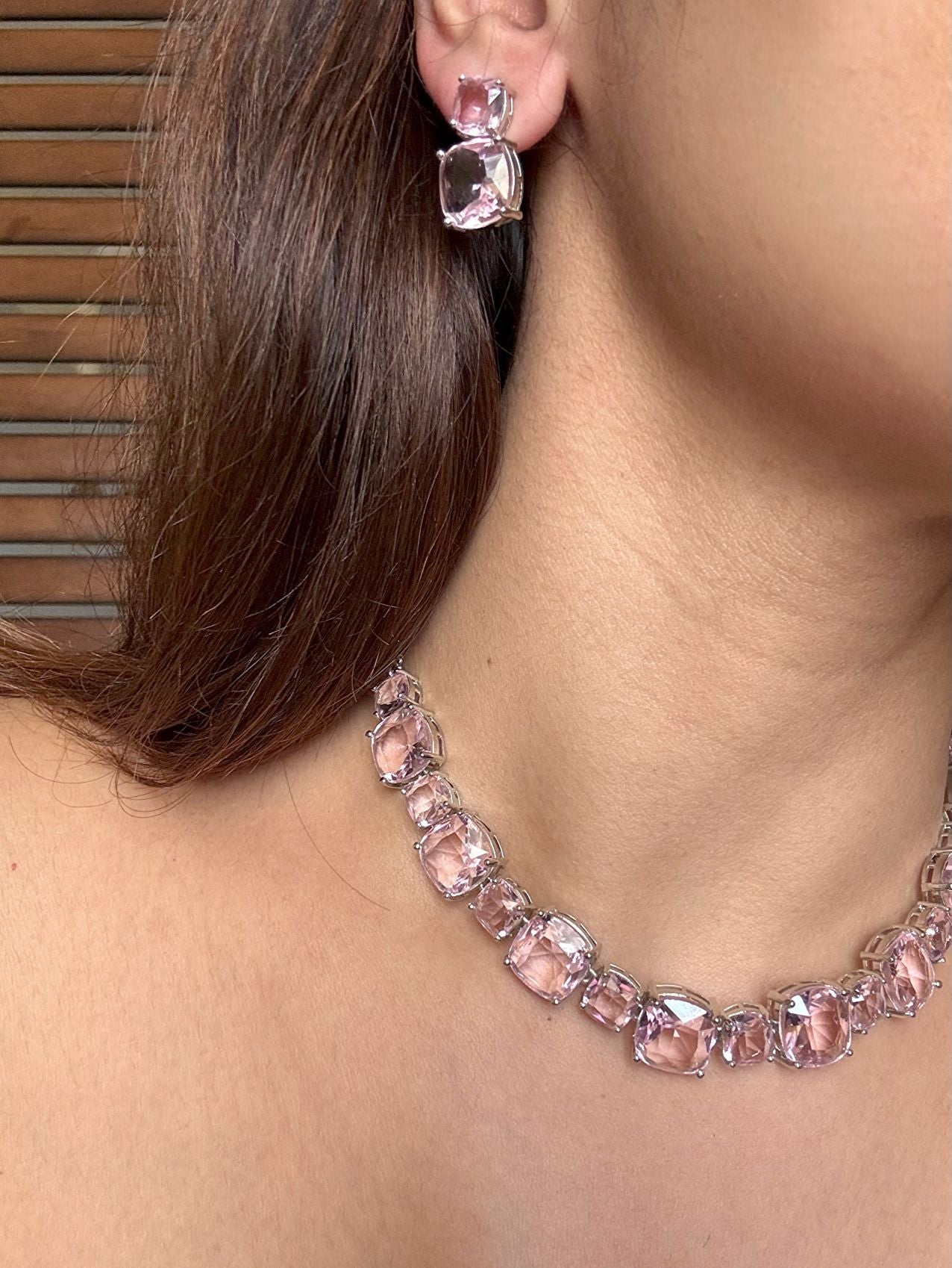 Buy Pink Doublet Stone String With Earrings online in India. Explore premium doublet stones jewellery online in AD. Shop AD jewellery in blue stone online. -side