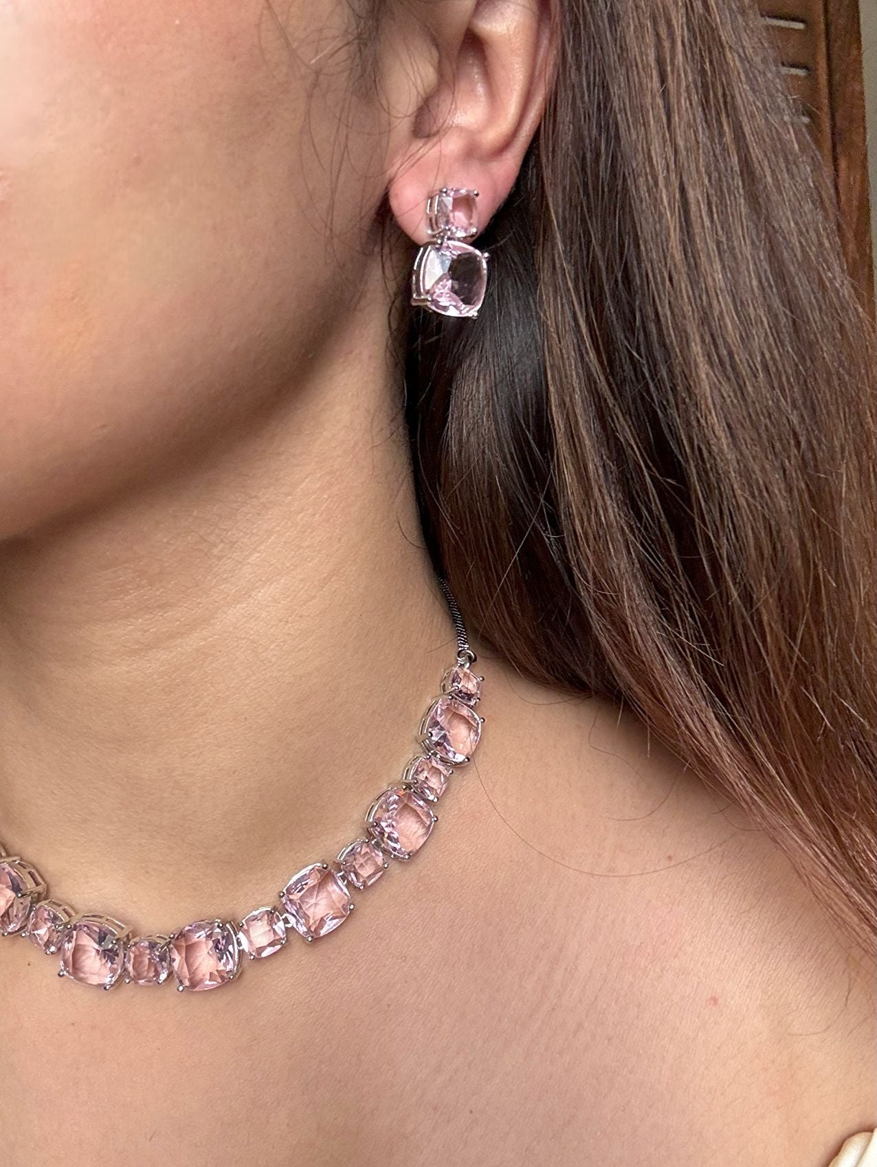 Buy Pink Doublet Stone String With Earrings online in India. Explore premium doublet stones jewellery online in AD. Shop AD jewellery in blue stone online. -first