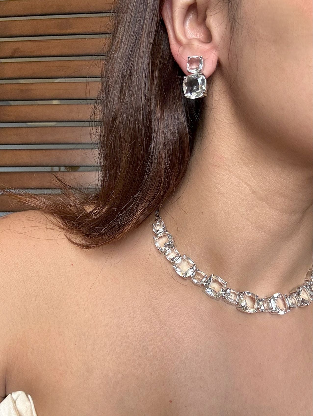 Buy White Doublet Stone String With Earrings online in India. Explore premium doublet stones jewellery online in AD. Shop AD jewellery in blue stone online. -side