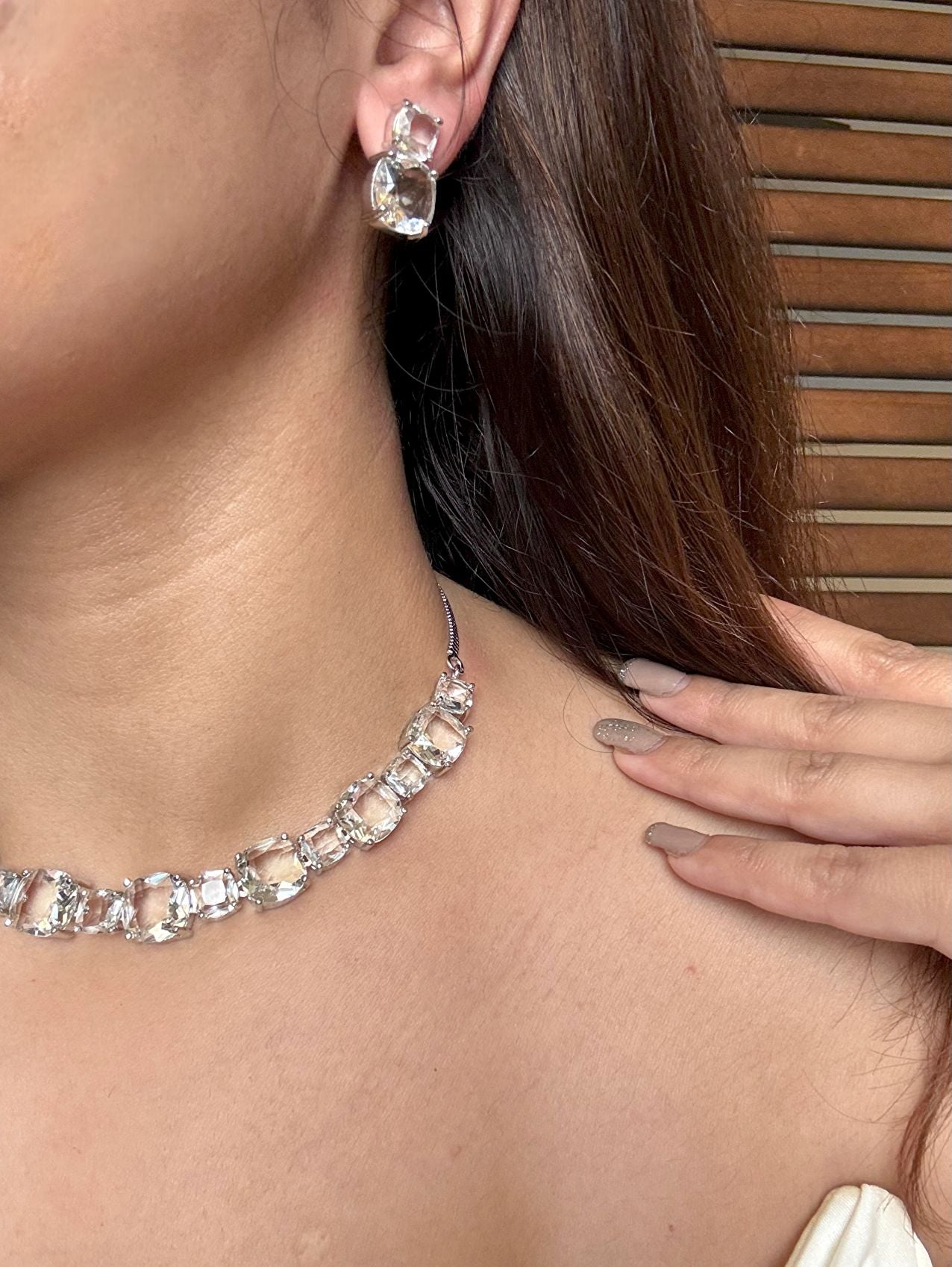 Buy White Doublet Stone String With Earrings online in India. Explore premium doublet stones jewellery online in AD. Shop AD jewellery in blue stone online. -front