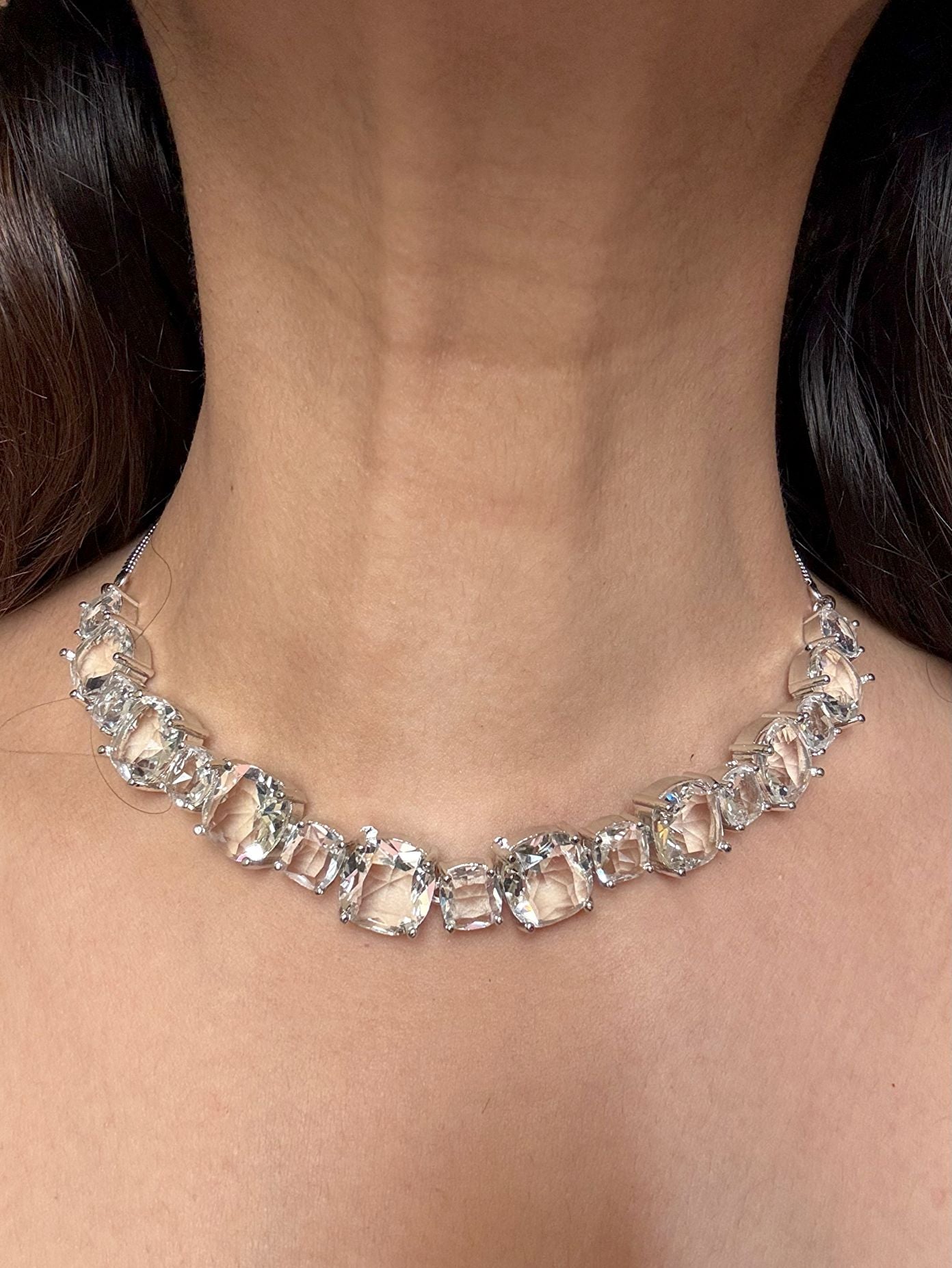 Buy White Doublet Stone String With Earrings online in India. Explore premium doublet stones jewellery online in AD. Shop AD jewellery in blue stone online. -front