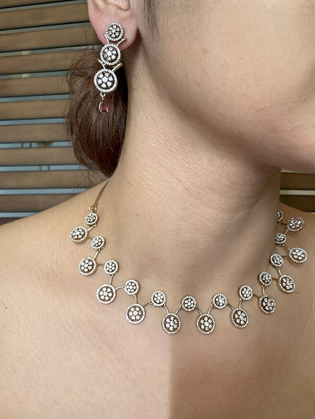 Buy Red Antique Polish Light Partywear Set in AD online in India with earrings. Shop an exclusive range of zircon jewellery, Indian wedding jewelry, kundan jewellery, AD earrings, AD necklace. -side