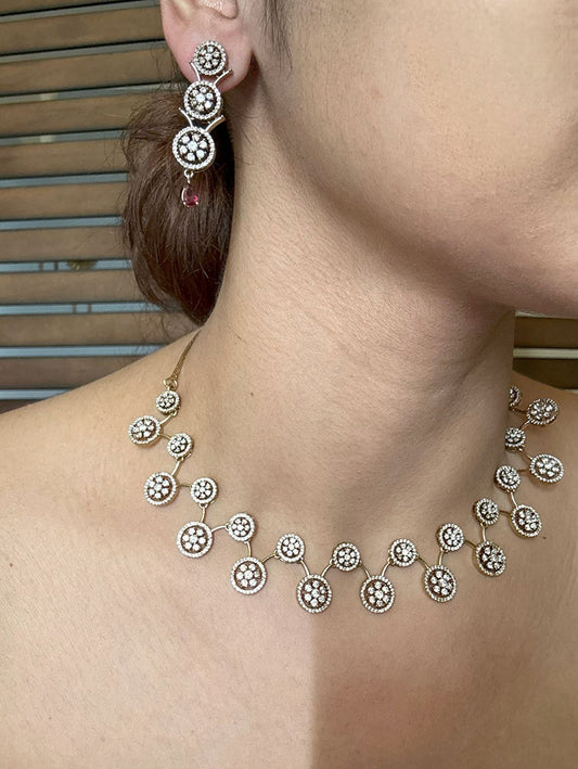 Buy Red Antique Polish Light Partywear Set in AD online in India with earrings. Shop an exclusive range of zircon jewellery, Indian wedding jewelry, kundan jewellery, AD earrings, AD necklace. -side