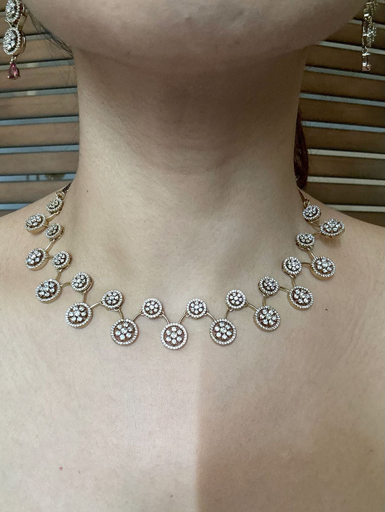 Buy Red Antique Polish Light Partywear Set in AD online in India with earrings. Shop an exclusive range of zircon jewellery, Indian wedding jewelry, kundan jewellery, AD earrings, AD necklace. -front