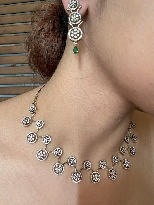 Buy Green Antique Polish Light Partywear Set in AD online in India with earrings. Shop an exclusive range of zircon jewellery, Indian wedding jewelry, kundan jewellery, AD earrings, AD necklace. -front