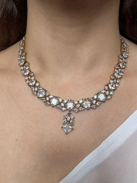 Buy Antique Polish Light Partywear Set In AD online in India with earrings. Shop an exclusive range of zircon jewellery, Indian wedding jewelry, kundan jewellery, AD earrings, AD necklace. -front