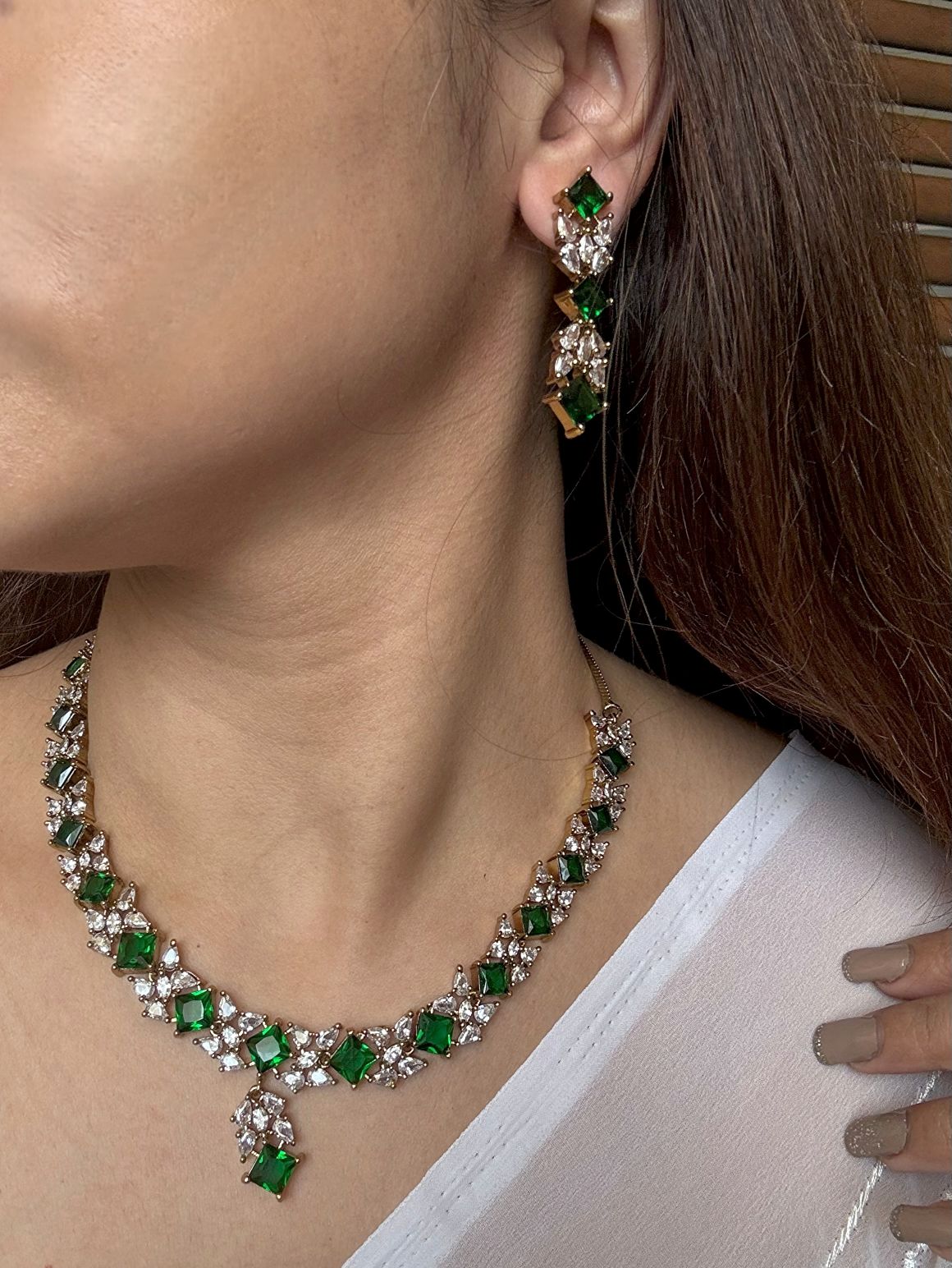 Buy Green Antique Polish Light Partywear Set In AD online in India with earrings. Shop an exclusive range of zircon jewellery, Indian wedding jewelry, kundan jewellery, AD earrings, AD necklace. -side