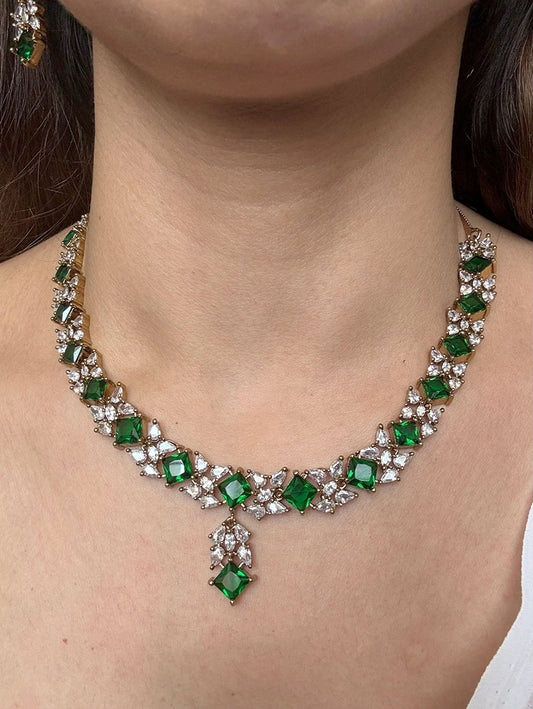 Buy Green Antique Polish Light Partywear Set In AD online in India with earrings. Shop an exclusive range of zircon jewellery, Indian wedding jewelry, kundan jewellery, AD earrings, AD necklace.-front 