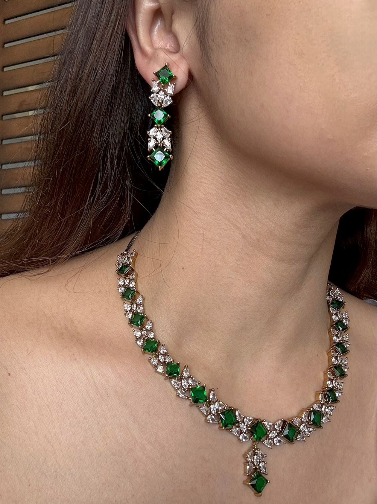 Buy Green Antique Polish Light Partywear Set In AD online in India with earrings. Shop an exclusive range of zircon jewellery, Indian wedding jewelry, kundan jewellery, AD earrings, AD necklace. -second